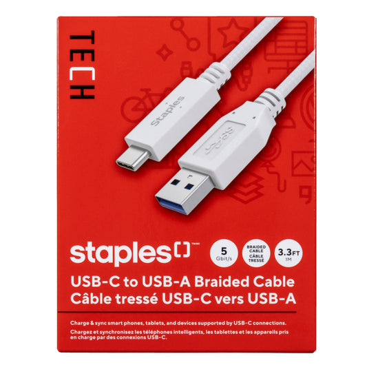 Staples TECH USB-C to USB-A Charging Cable - 3.3 ft. - White