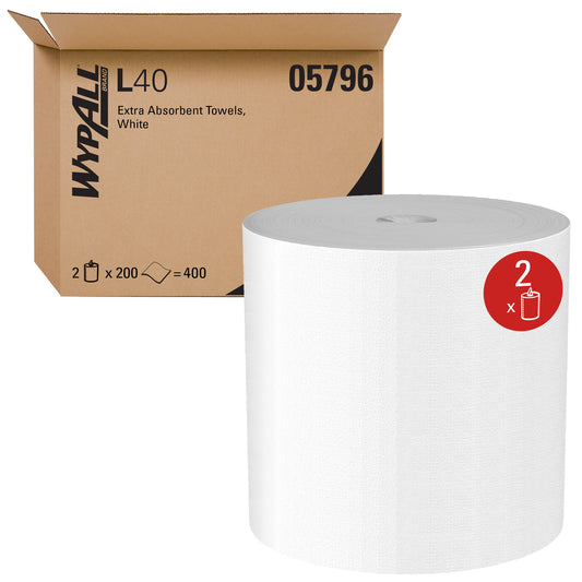 WypAll Power Clean L40 Extra Absorbent Towels (05796) - Limited Use Towels - White - 2 Center-Pull Rolls - 200 Sheets per Roll