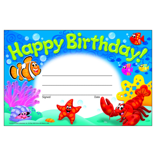 TREND enterprises Happy Birthday! Sea Buddies Recognition Awards - 5.5" H x 8.5" W - 30 pack