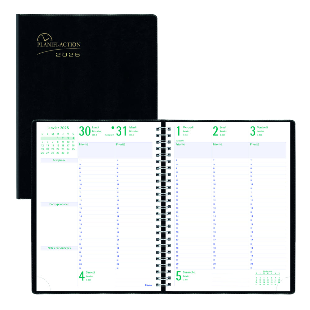 Blueline 2025 Planifi-Action Weekly/Monthly Planner 13 Months - 10-1/4" x 7-5/8" - Black - French