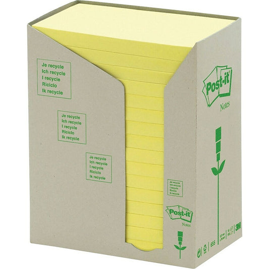 Blocs-notes Post-it recyclés jaune canari, 7,6 x 12,7 cm, 16 blocs/paquet