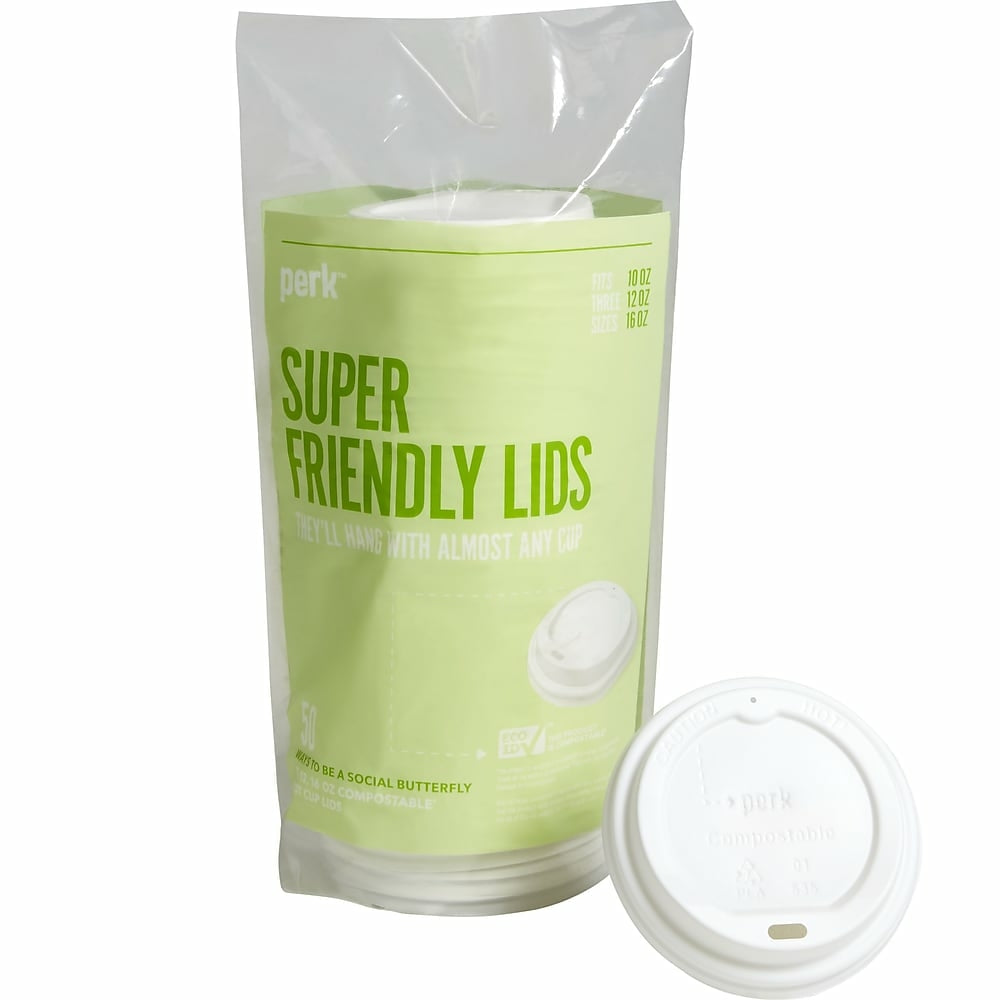 Couvercles compostables pour gobelets chauds Perk - 10, 12 et 16 oz - Blanc - Paquet de 50
