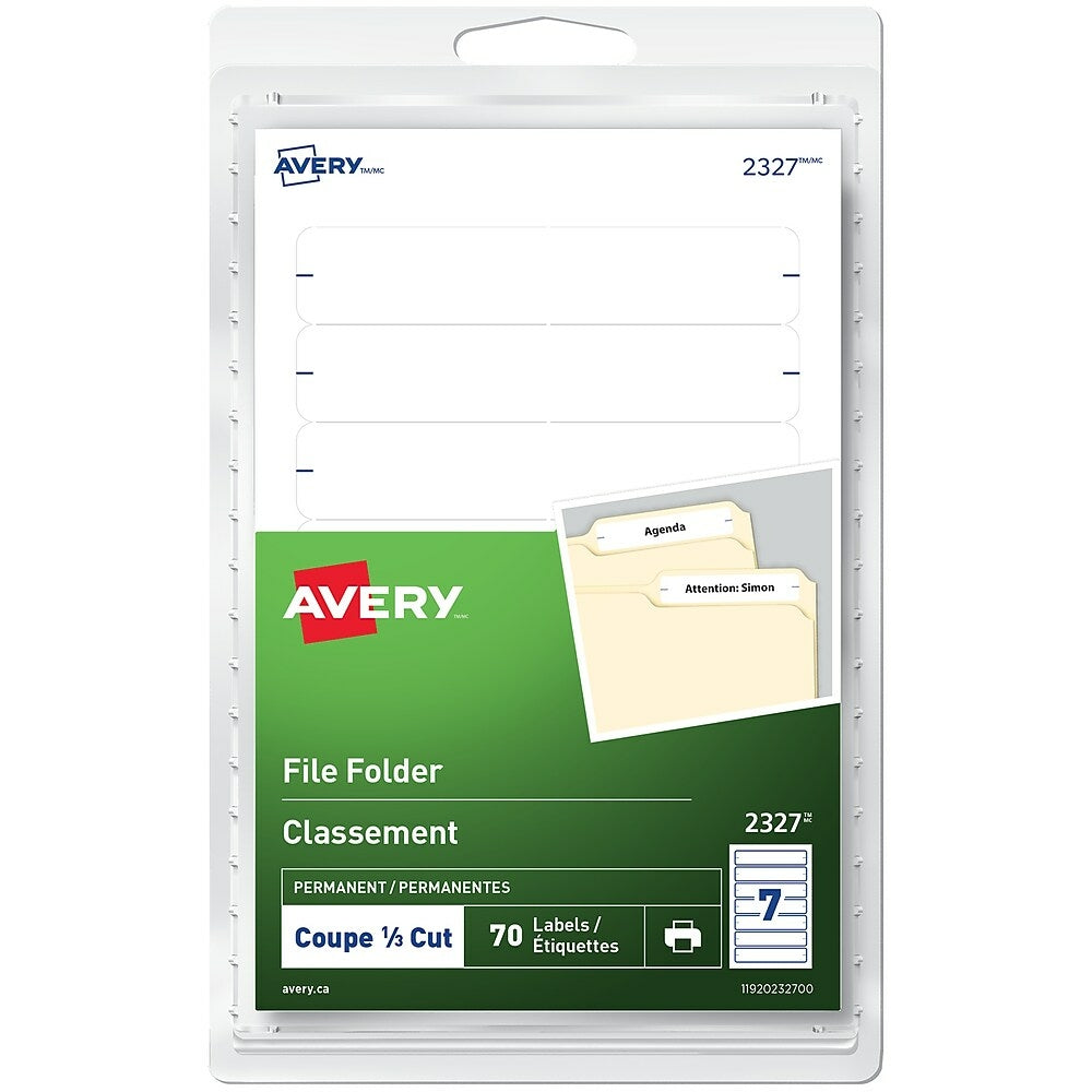 Avery Permanent File Folder Labels, 3-1/2" x 1/3", White, 70 Pack (2327)
