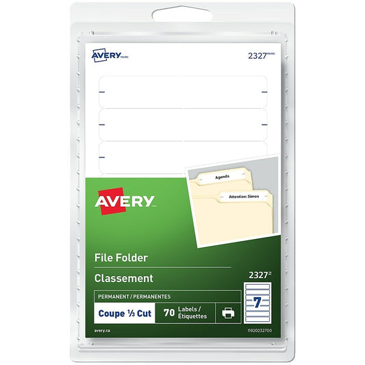 Avery Permanent File Folder Labels, 3-1/2" x 1/3", White, 70 Pack (2327)