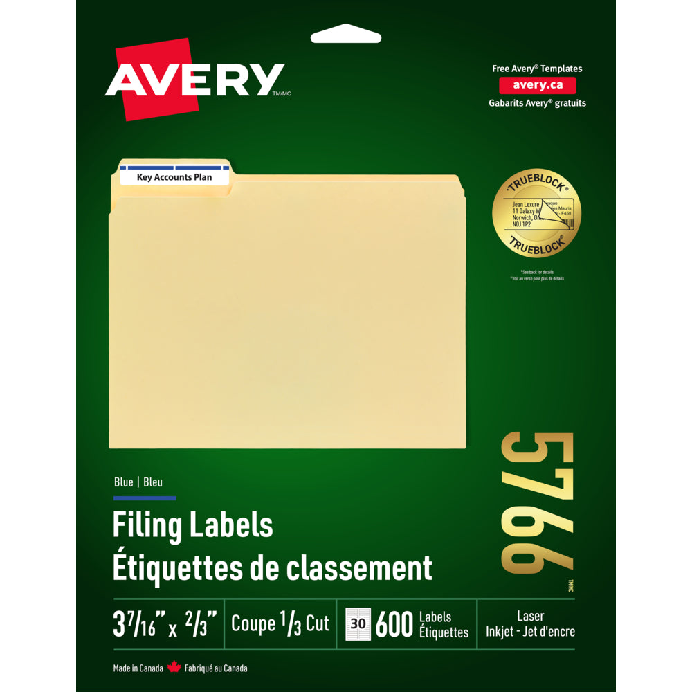Étiquettes de dossiers laser/jet d'encre Avery TrueBlock, 9,75 cm x 6,35 cm, barre bleue, paquet de 600 (5766)