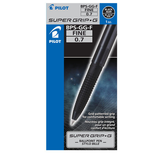 Stylo bille Pilot Super Grip G - Pointe fine 0,7 mm - Noir - Lot de 12