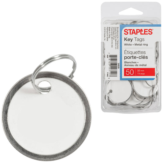 Étiquettes porte-clés Staples avec anneau métallique - 1-1/4" - Blanc - Paquet de 50
