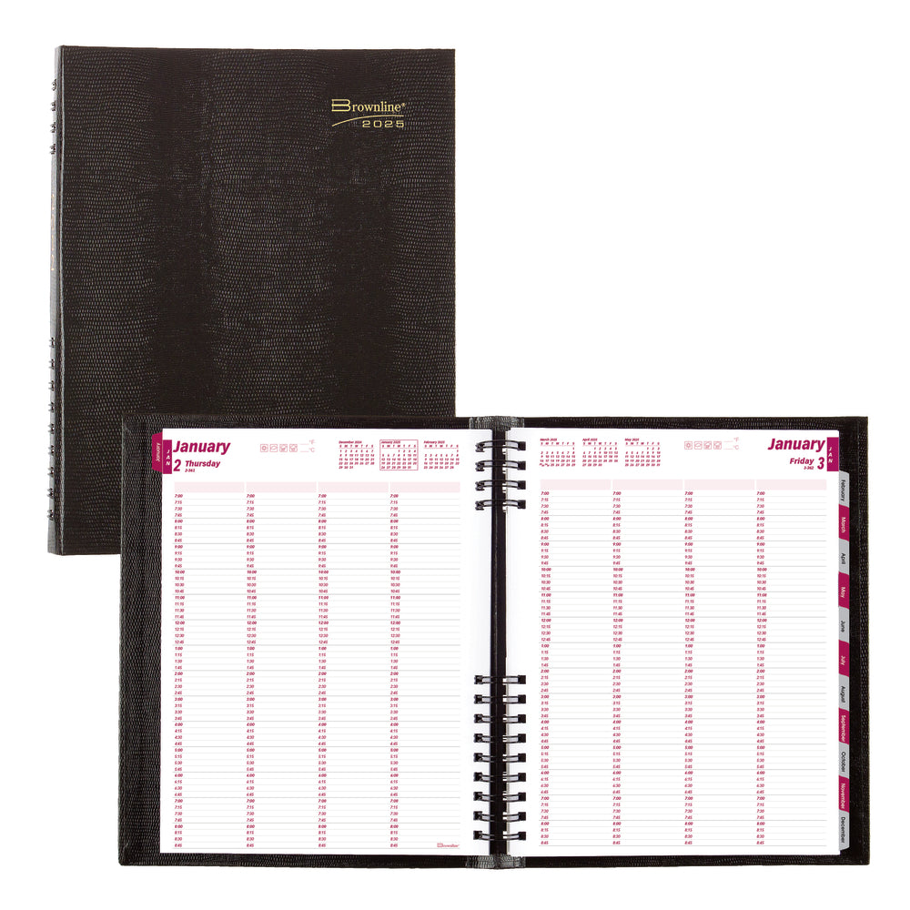 Carnet de rendez-vous professionnel quotidien Brownline 2025 CoilPro pour quatre personnes - 28 x 21,5 cm - Noir - Anglais