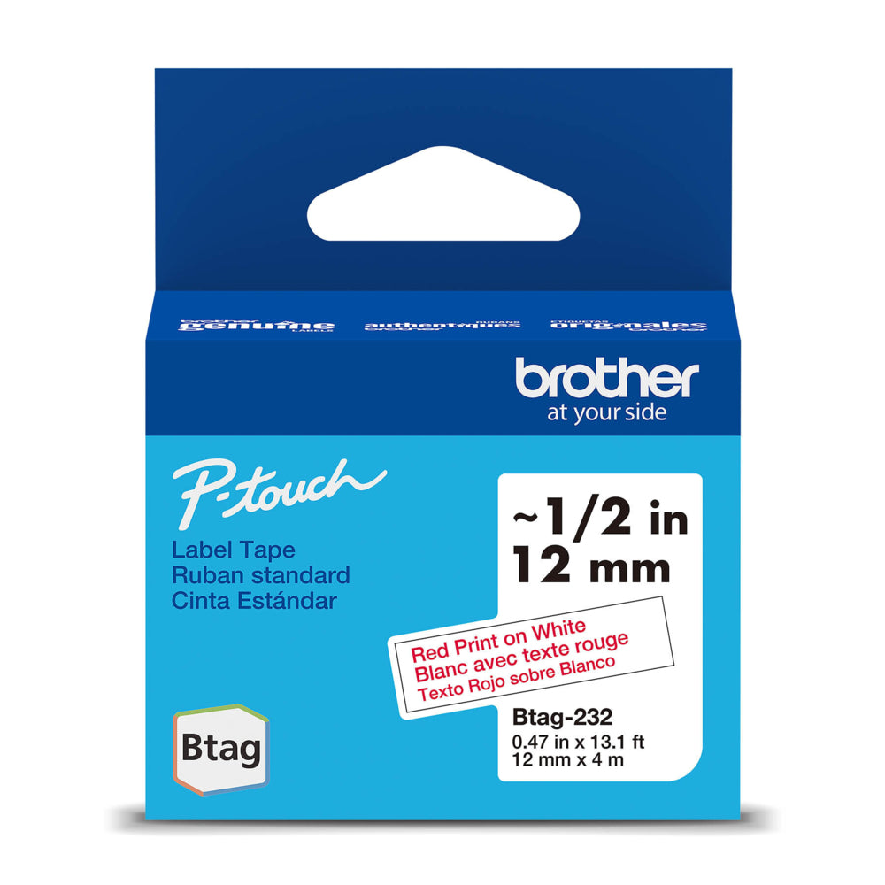 Ruban d'étiquettes Brother BTAG232 d'origine pour étiqueteuses P-touch - Rouge sur blanc - 12 mm l x 4 m L