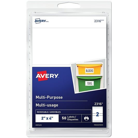 Avery White Print or Write Removable Rectangular Multiuse Labels, 2" x 4", 50 Pack, (2316)