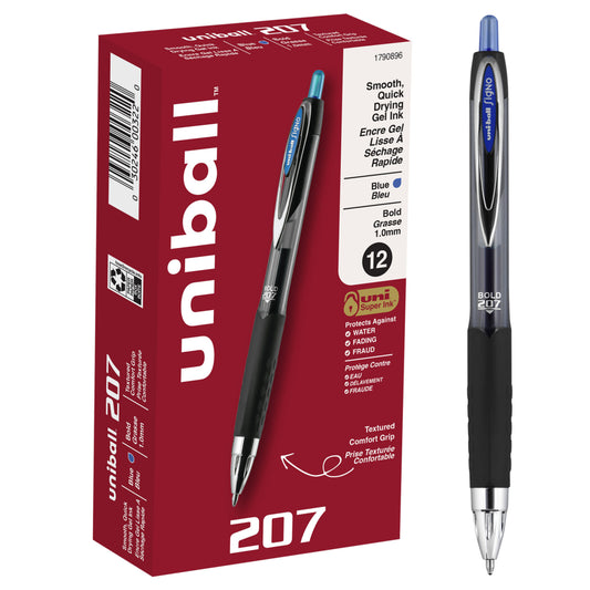 Stylos gel rétractables Uni-Ball 207 - Pointe épaisse (1,0 mm) - Bleu - Lot de 12