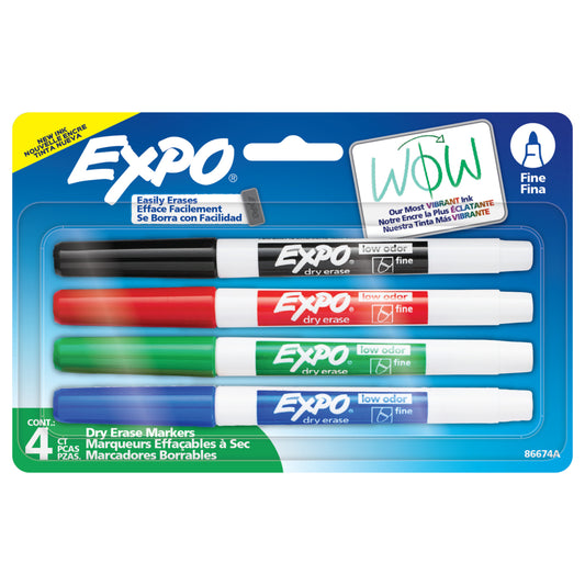 Marqueurs effaçables à sec Expo à faible odeur – Pointe fine – Couleurs assorties – Paquet de 4