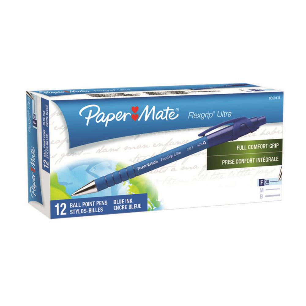 Stylos à bille recyclés Paper Mate Flexgrip Ultra - Rétractables - 0,8 mm - Bleus - Lot de 12