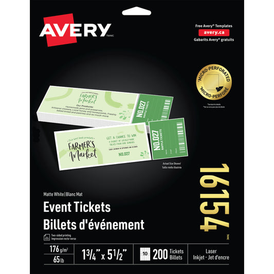 Tickets Avery avec talons détachables, blancs, 4,4 cm x 14 cm, paquet de 200 (16154)