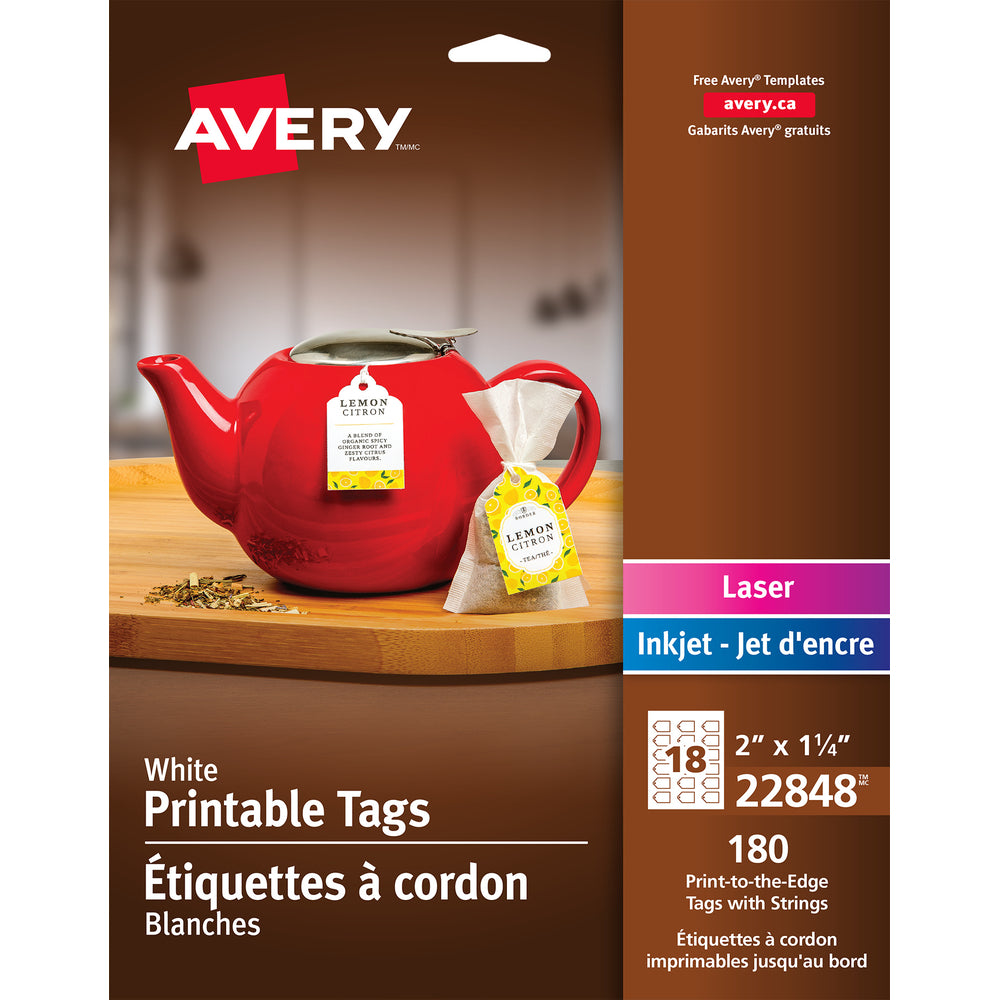 Avery White Laser/Inkjet Print-to-the-Edge Tags with Strings, 2" x 1.25", 180 Pack (22848)