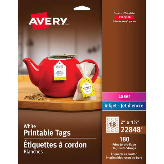 Avery White Laser/Inkjet Print-to-the-Edge Tags with Strings, 2" x 1.25", 180 Pack (22848)