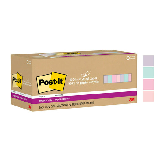 Post-it Recycled Paper Super Sticky Notes - 3" x 3" - Wanderlust Pastels Collection - 24 Pack