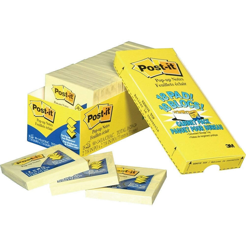 Packs de 18 autocollants Post-it Pop-Up pour armoire, 7,6 x 7,6 cm, jaune canari