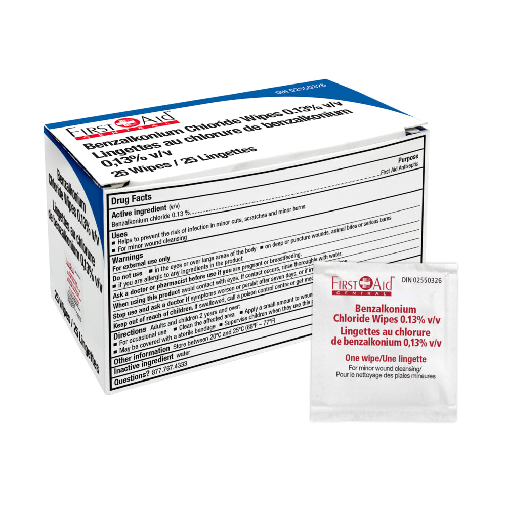 First Aid Central Benzalkonium Antiseptic Wipess - 25 Pack