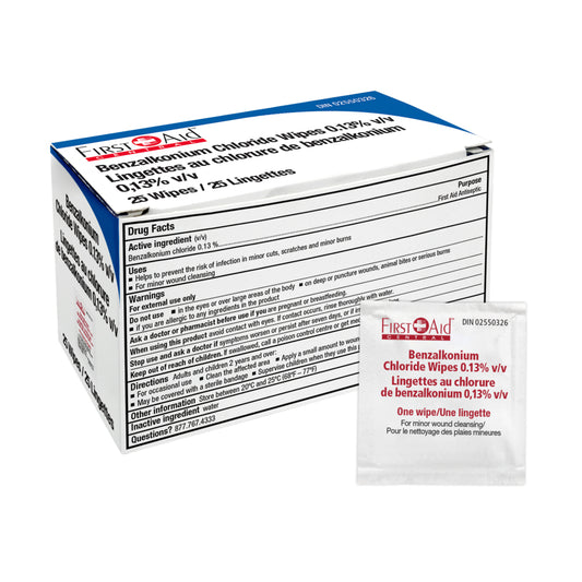 First Aid Central Benzalkonium Antiseptic Wipess - 25 Pack