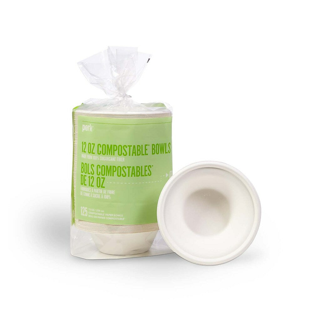 Bols en papier compostables Perk – 12 oz – Blanc – Paquet de 125