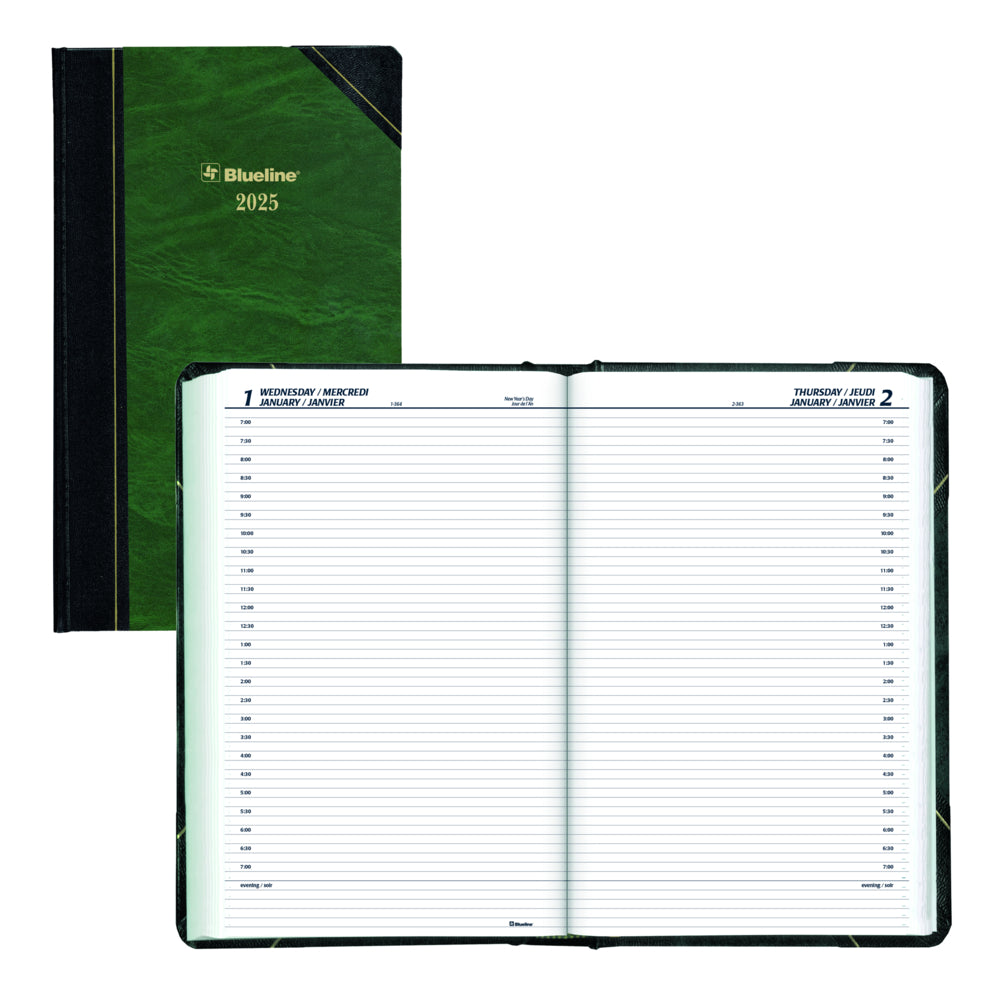 Blueline 2025 Traditional Daily Planner - 13-3/8" x 8" - Marble Green - Bilingual