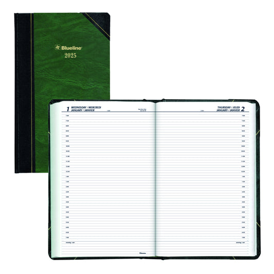 Blueline 2025 Traditional Daily Planner - 13-3/8" x 8" - Marble Green - Bilingual