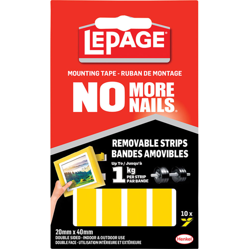 Bandes de ruban adhésif de montage Lepage No More Nails, amovibles, paquet de 10