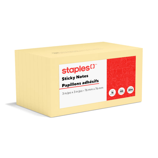 Notes autocollantes SimplySelf-Stick - Jaune - 3" x 3" - Vierges - 100 feuilles par bloc - 18 blocs par paquet