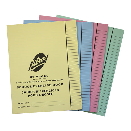 Cahiers d'exercices cousus Hilroy - Lignés (5/16") - 9" x 7" - 80 pages - 40 feuilles - Couleurs assorties - Paquet de 20