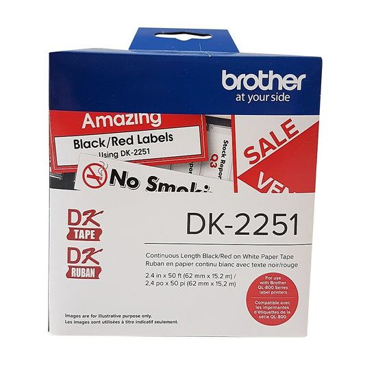 Brother DK2251 Continuous Label Printer Roll, 2.4" x 50 ft, Black/Red on White