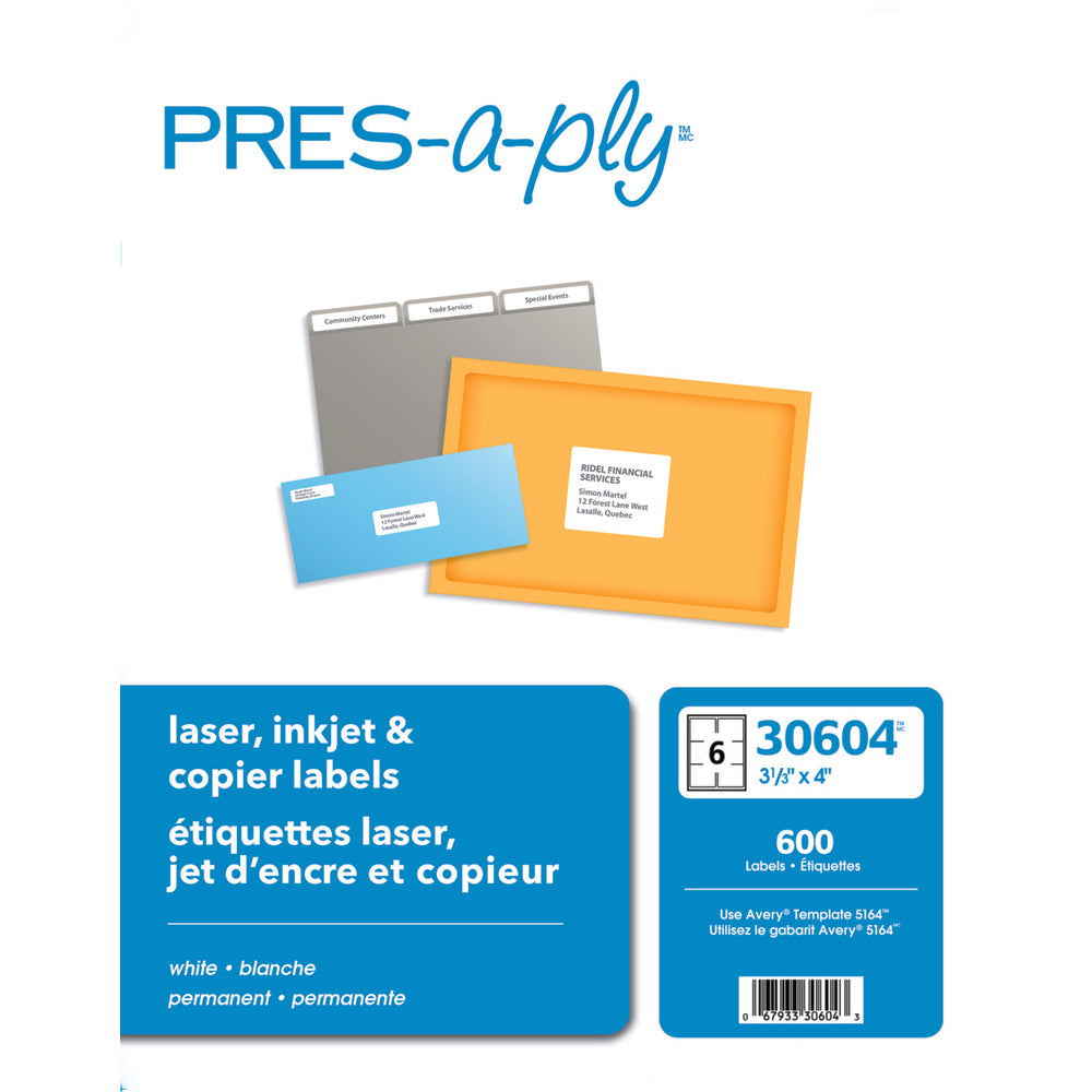 Étiquettes d'expédition Avery PRES-a-ply pour imprimantes laser/jet d'encre - Rectangulaires - 3-1/3" x 4" - Blanches - 600 étiquettes