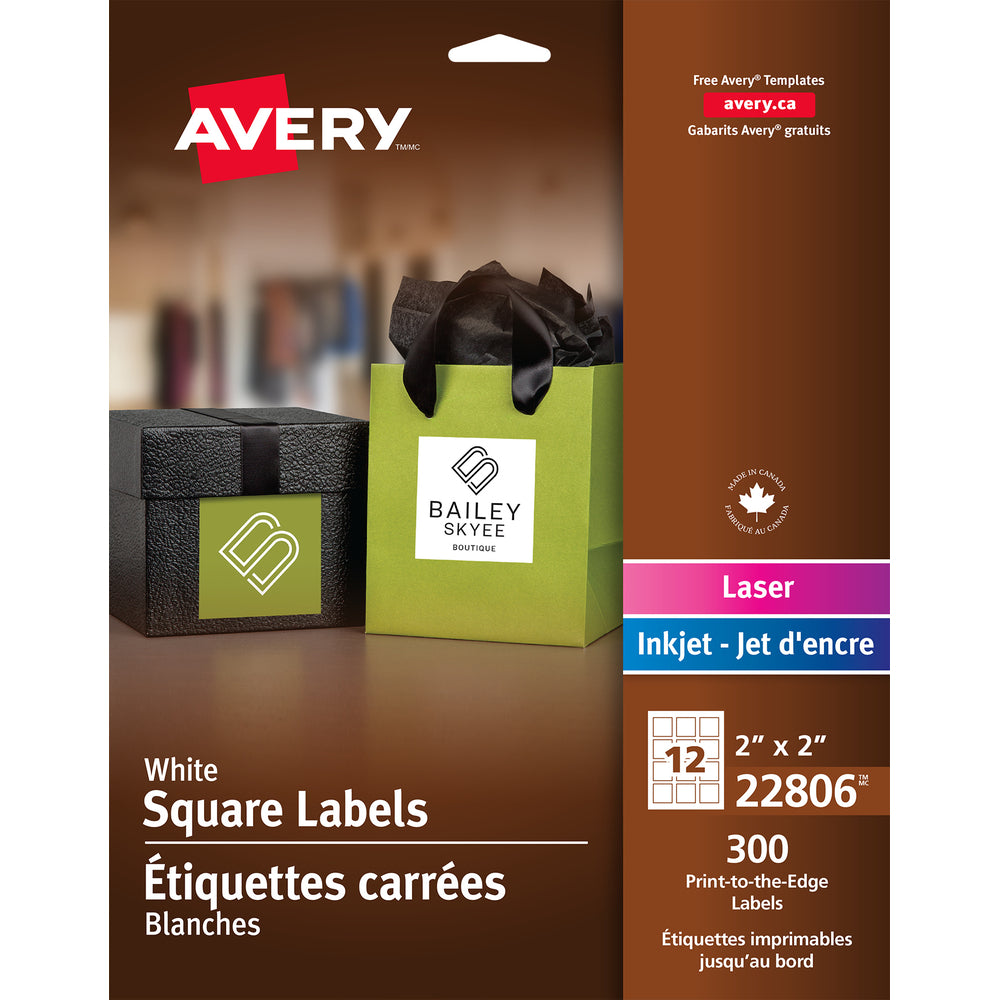 Avery White Permanent Print-to-the-Edge Square Labels, 2" x 2", 300 Pack (22806)
