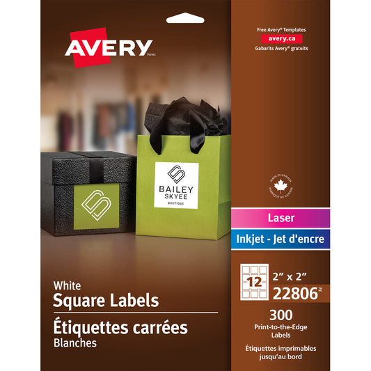 Étiquettes carrées blanches Avery, impression permanente jusqu'au bord, 5,1 cm x 5,1 cm, paquet de 300 (22806)