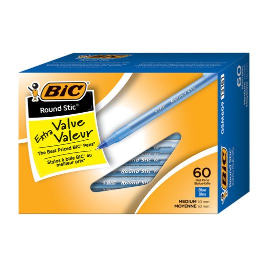 BIC - Stylos à bille Round Stic - Pointe moyenne - 1,0 mm - Bleu - Paquet de 60