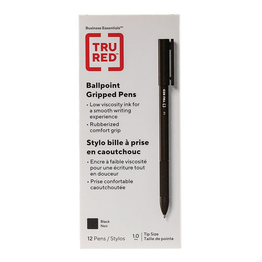 Stylo à bille TRU RED avec grip – Pointe moyenne – 1,0 mm – Noir – Lot de 12