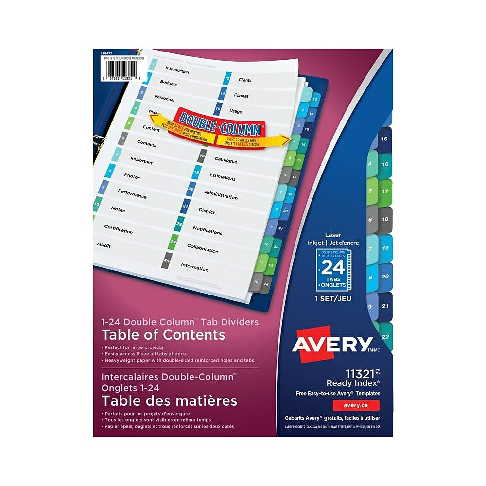 Intercalaires Avery Ready Index à double colonne pour imprimantes laser et jet d'encre - 24 onglets - Multicolore