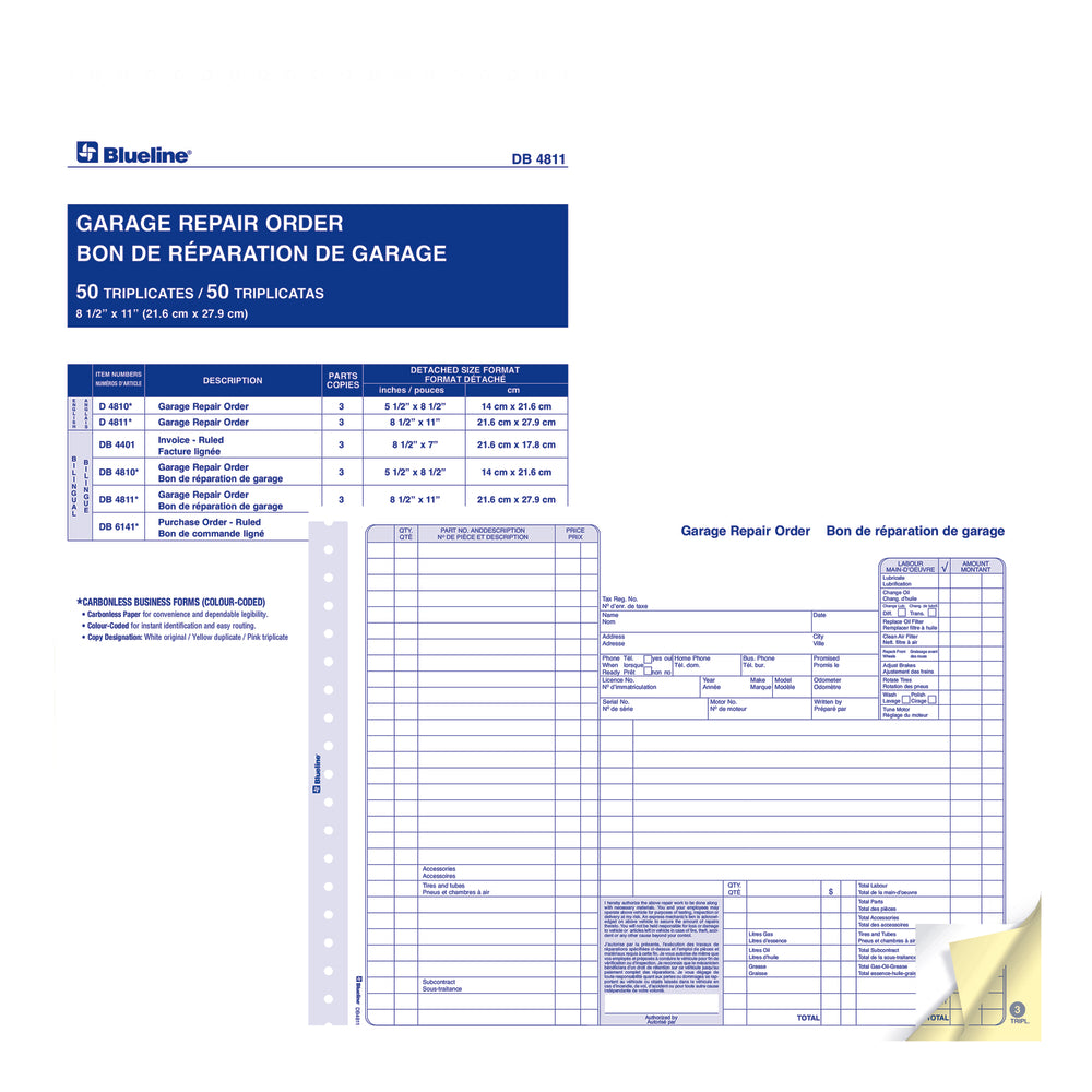 Blueline DB4811 Bilingual Garage Repair Orders in Snap Sets - 50 Pack