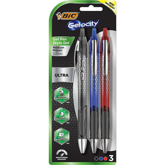 BIC Gelocity Ultra Gel Retractable, Medium Point, Assorted, 3 Pack
