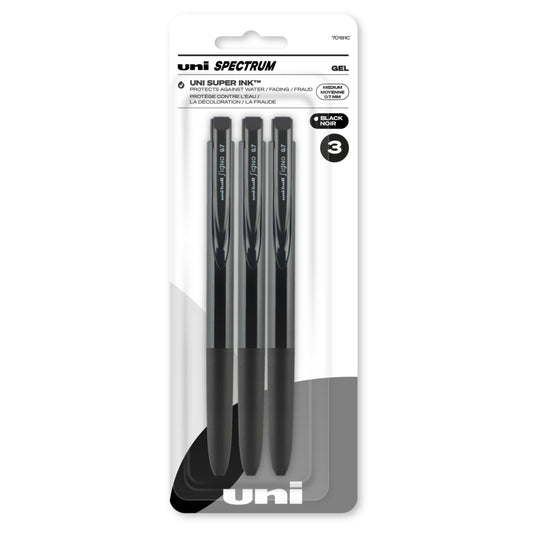 Stylos gel rétractables Uni-Ball Spectrum - Pointe moyenne (0,7 mm) - Encre noire - Lot de 3