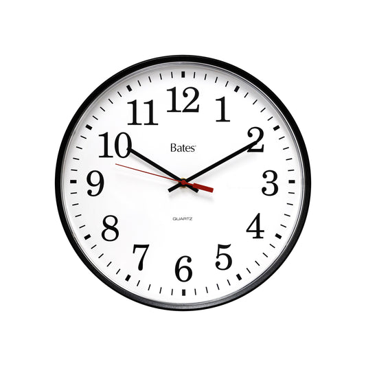 Horloge à quartz commerciale GBC Bates 12QT-BK - Cadran traditionnel - 12 heures - Fonctionne avec piles - Cadre noir - 12"