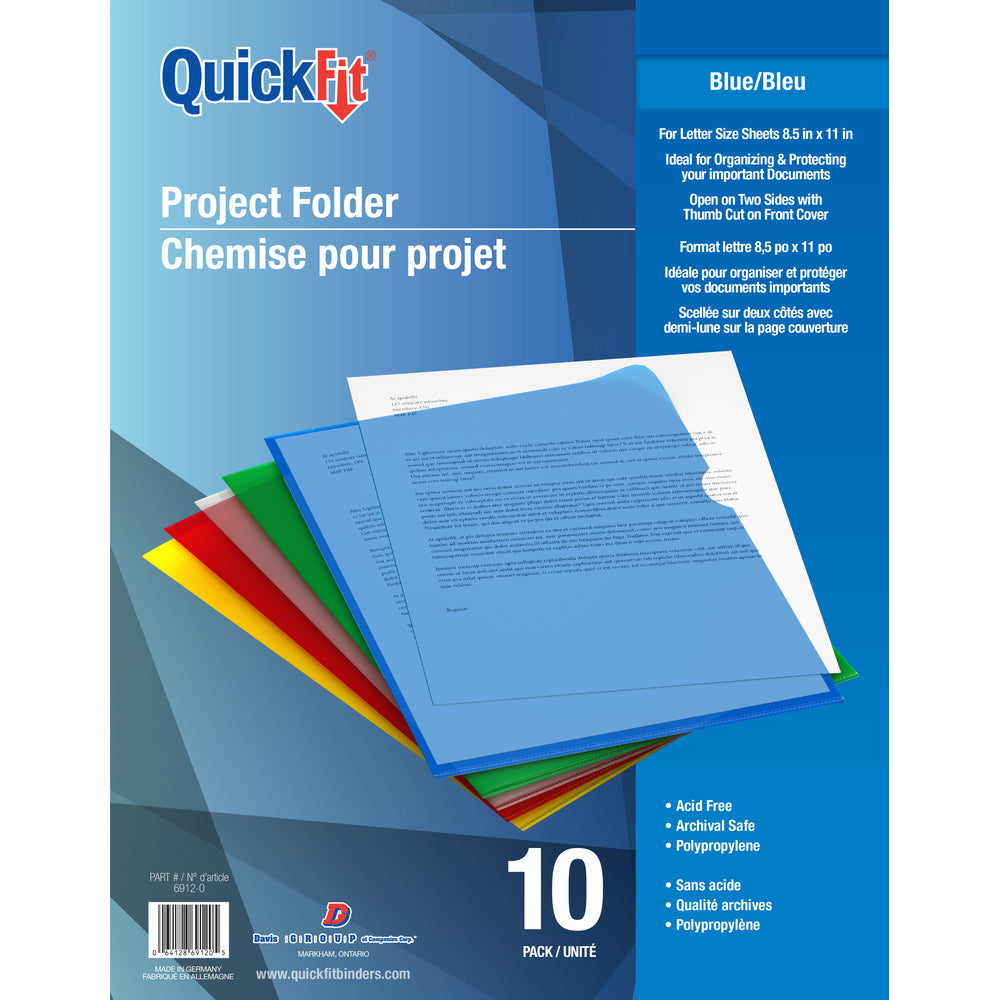 Chemises de projet Davis Group QuickFit - Polypropylène - Format lettre - Bleu - Paquet de 10