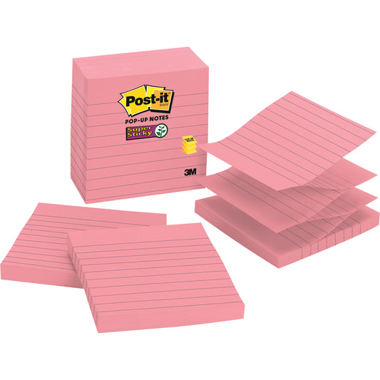 Notes pop-up Post-it Super Sticky - Lignées - 10 x 10 cm - Rose fluo - Paquet de 5