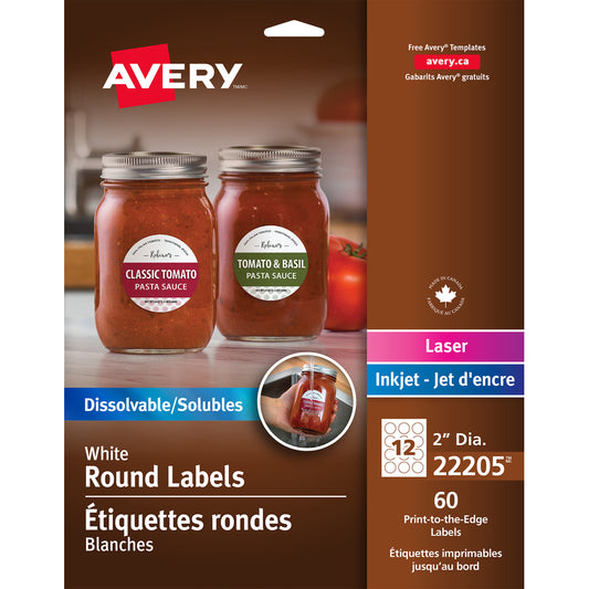 Avery 22205 Dissolvable Labels, Round, 2" diameter, 60 Pack