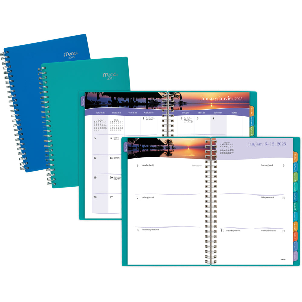 Agenda hebdomadaire/mensuel Mead 2025 Tropical Escape - 8-1/4" H x 5-7/8" L - Couleurs assorties - Bilingue