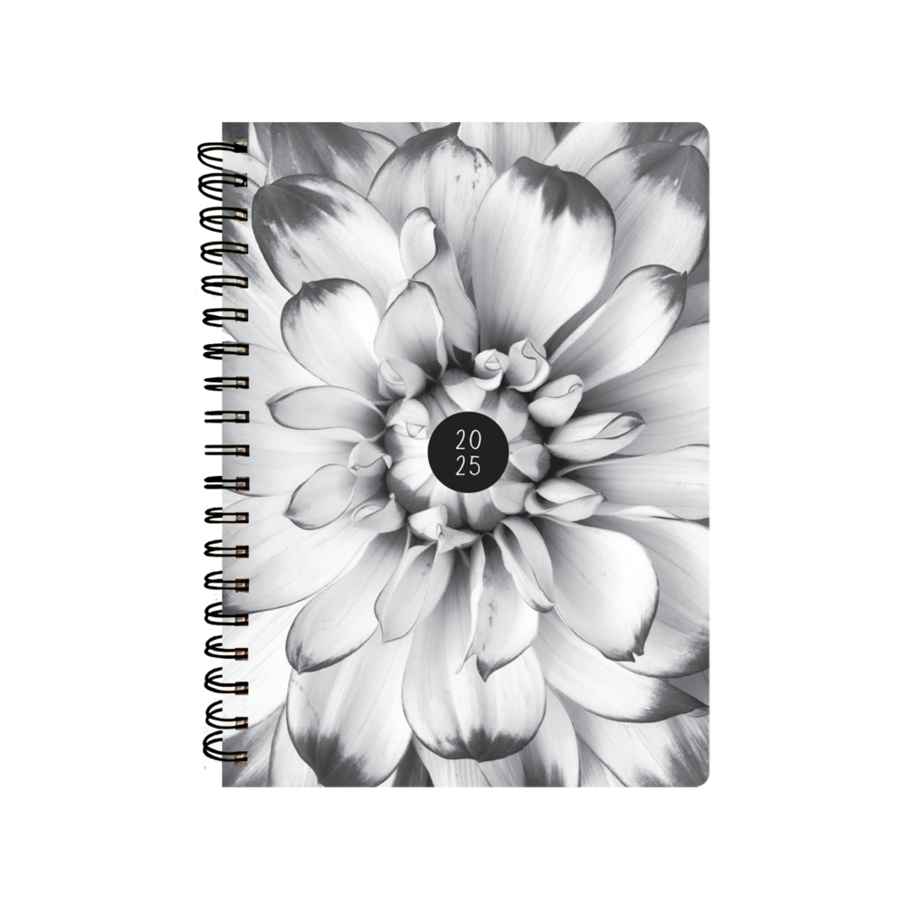 Pierre Belvedere 2025 Wired Agenda - 7.5" W x 9.5" L - B&W Flower Heart - Bilingual