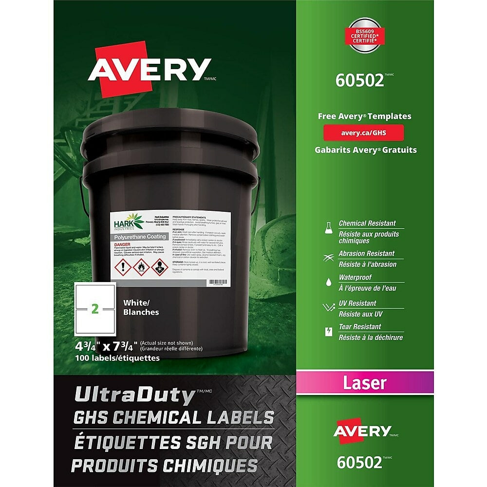 Avery UltraDuty White GHS Chemical Labels, 4 3/4 " x 7 3/4", 100 Pack, (60502)