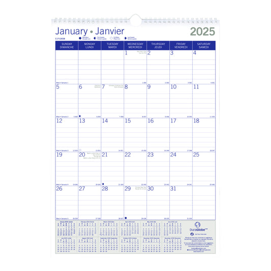 Blueline 2025 DuraGlobe Monthly Wall Calendar - 12" x 17" - Bilingual