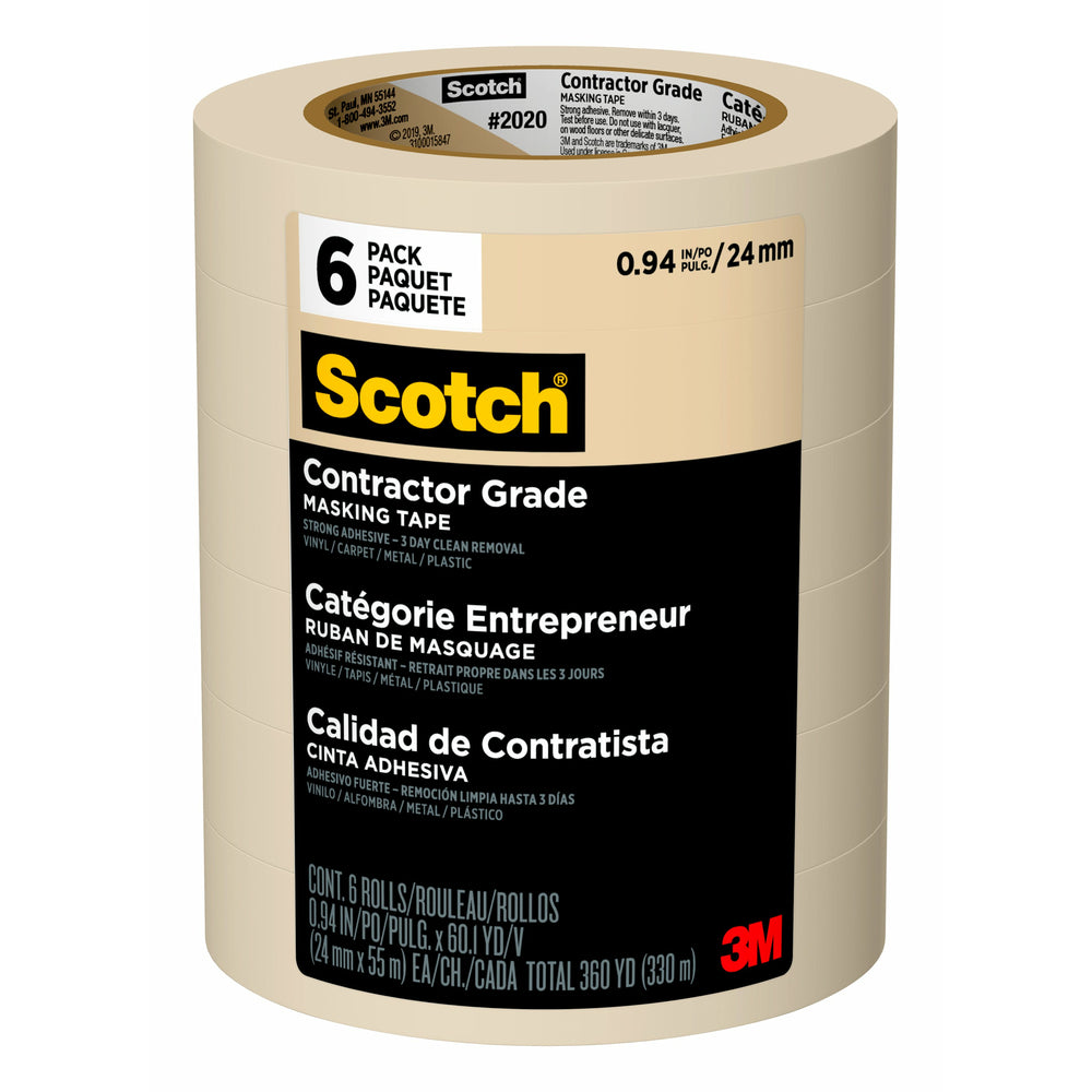 Ruban de masquage Scotch de qualité professionnelle – 24 mm de large x 55 m de long (0,94 po de large x 60,1 vg de long) – Paquet de 6 rouleaux