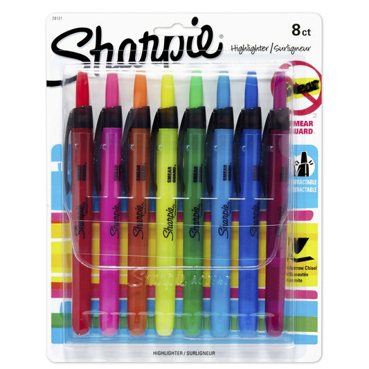 Surligneurs rétractables Sharpie à pointe biseautée - Couleurs assorties - Lot de 8